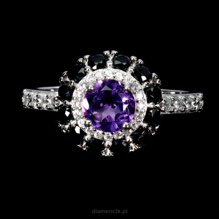 Pierścionek z ametystem, spinelami i cyrkoniami