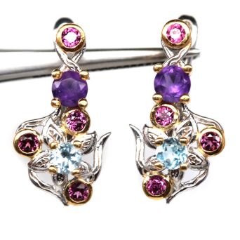 Kolczyki z topazami, ametystami i malinowymi granatami